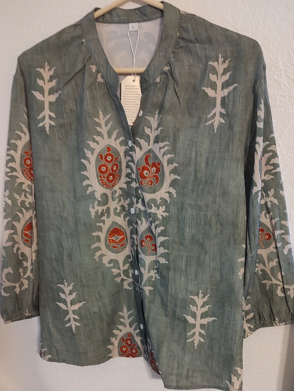 Women's Sage Green Printed Button-Front Top with Orange Accents